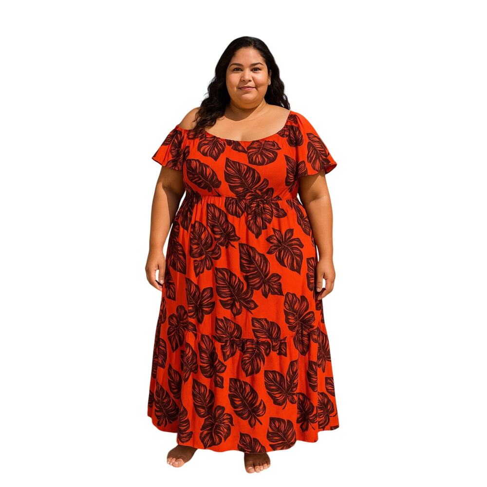 Sofia jeans XXXL tropical leaf print orange tiered dress with flutter sleeve